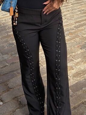 Whitefox Boutique Black Lace-Up Wide-Leg Pants